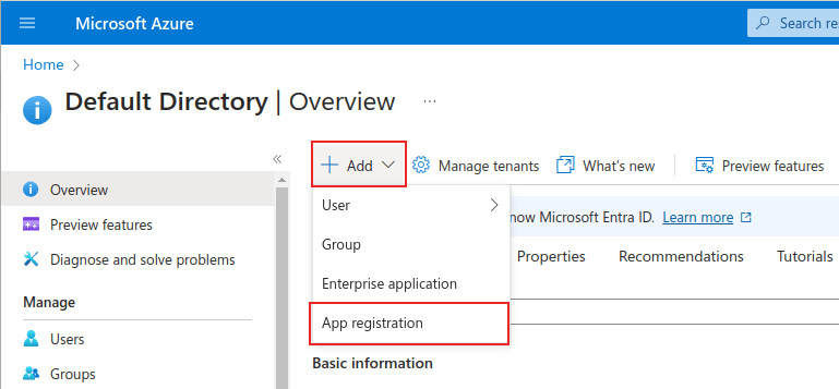 Microsoft Azure 管理页面,“+添加” 和 “应用程序注册” 菜单突出显示。