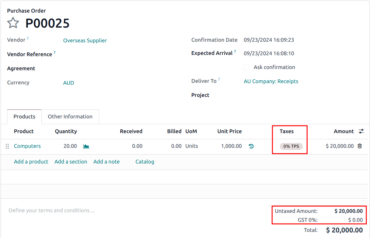 在采购订单上设置 0% TPS 税