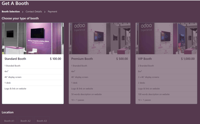 通过 Odoo 活动应用程序,访问活动网站上的典型 “获取展位” 页面。