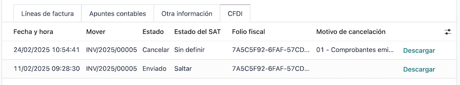 CFDI 选项卡中已取消的发票细列项目。