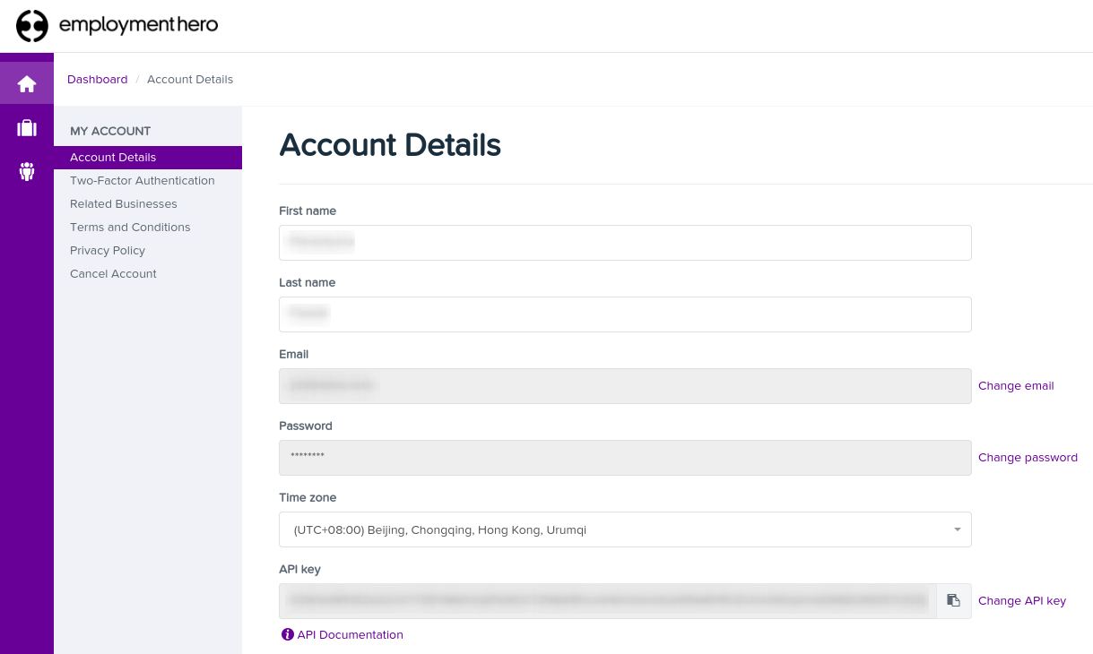 在 “我的账户” 部分查找 Employment Hero API 密钥。