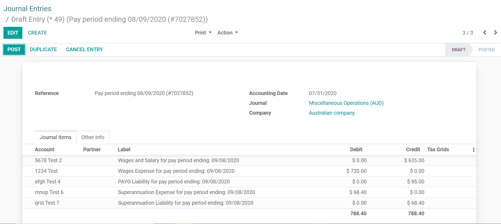 Odoo 中的 Employment Hero 日记账分录。