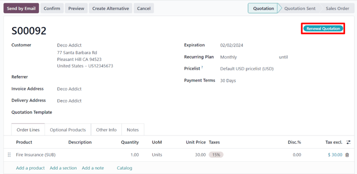 Odoo 订阅应用程序中的续订报价。