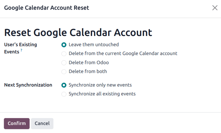 Odoo 中的 Google 日历重置选项。
