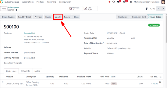 使用 Odoo 订阅应用程序,为订阅销售订单提供追加销售按钮。
