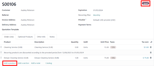 通过 Odoo 订阅中的追加销售选项,将产品新增至订阅计划